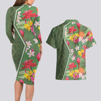 Africa Tropical Flowers Couples Matching Long Sleeve Bodycon Dress and Hawaiian Shirt Green Version - Wonder Print Shop