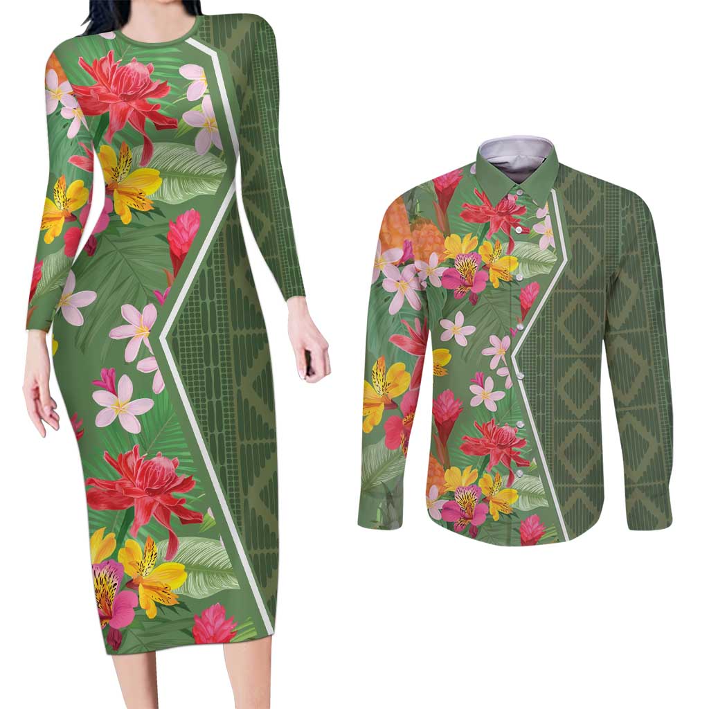Africa Tropical Flowers Couples Matching Long Sleeve Bodycon Dress and Long Sleeve Button Shirt Green Version - Wonder Print Shop