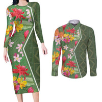 Africa Tropical Flowers Couples Matching Long Sleeve Bodycon Dress and Long Sleeve Button Shirt Green Version - Wonder Print Shop