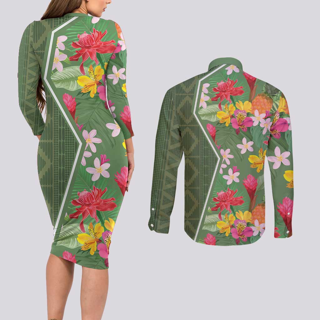 Africa Tropical Flowers Couples Matching Long Sleeve Bodycon Dress and Long Sleeve Button Shirt Green Version - Wonder Print Shop