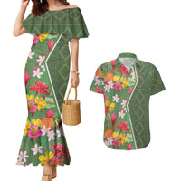 Africa Tropical Flowers Couples Matching Mermaid Dress and Hawaiian Shirt Green Version - Wonder Print Shop