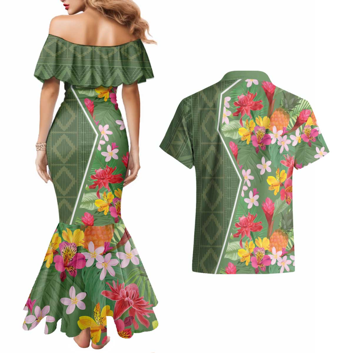 Africa Tropical Flowers Couples Matching Mermaid Dress and Hawaiian Shirt Green Version - Wonder Print Shop