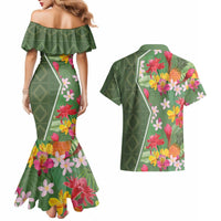 Africa Tropical Flowers Couples Matching Mermaid Dress and Hawaiian Shirt Green Version - Wonder Print Shop