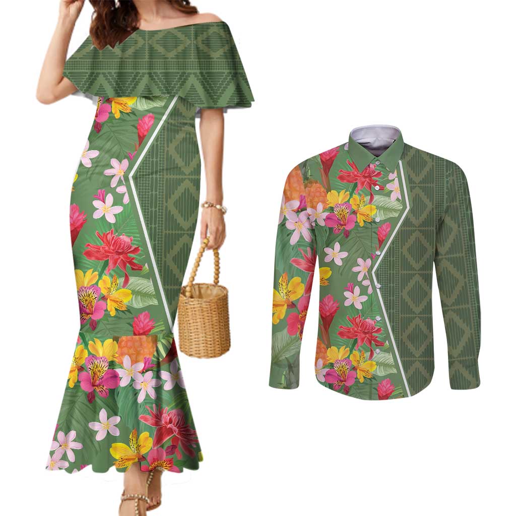 Africa Tropical Flowers Couples Matching Mermaid Dress and Long Sleeve Button Shirt Green Version