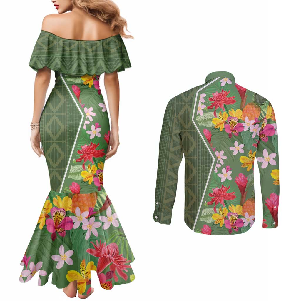 Africa Tropical Flowers Couples Matching Mermaid Dress and Long Sleeve Button Shirt Green Version