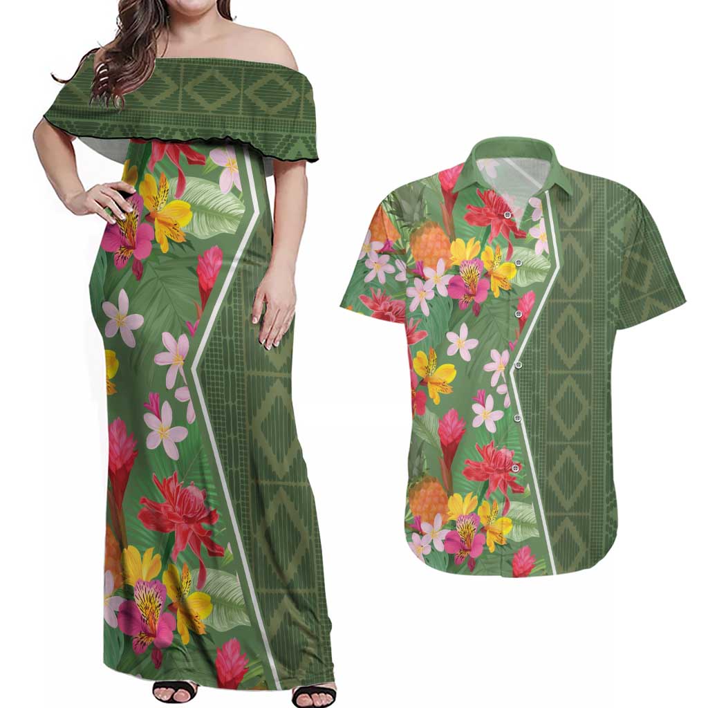 Africa Tropical Flowers Couples Matching Off Shoulder Maxi Dress and Hawaiian Shirt Green Version - Wonder Print Shop