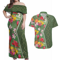 Africa Tropical Flowers Couples Matching Off Shoulder Maxi Dress and Hawaiian Shirt Green Version - Wonder Print Shop