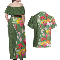 Africa Tropical Flowers Couples Matching Off Shoulder Maxi Dress and Hawaiian Shirt Green Version - Wonder Print Shop