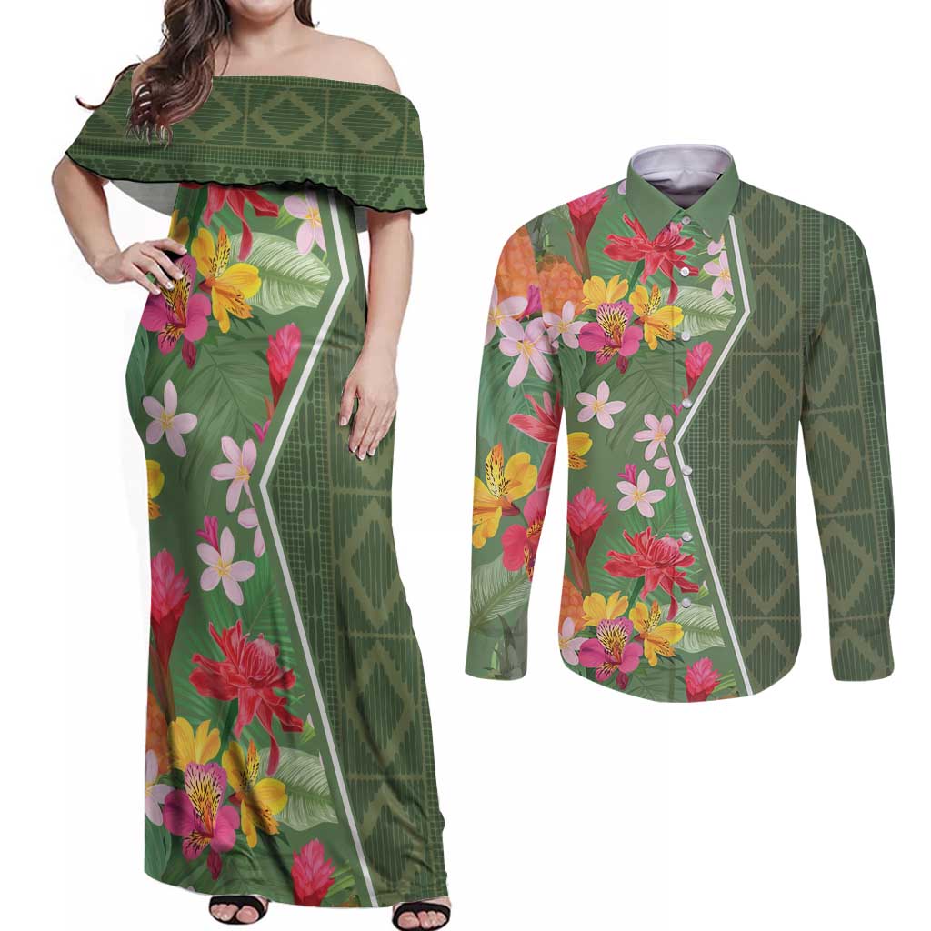 Africa Tropical Flowers Couples Matching Off Shoulder Maxi Dress and Long Sleeve Button Shirt Green Version - Wonder Print Shop