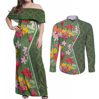Africa Tropical Flowers Couples Matching Off Shoulder Maxi Dress and Long Sleeve Button Shirt Green Version - Wonder Print Shop