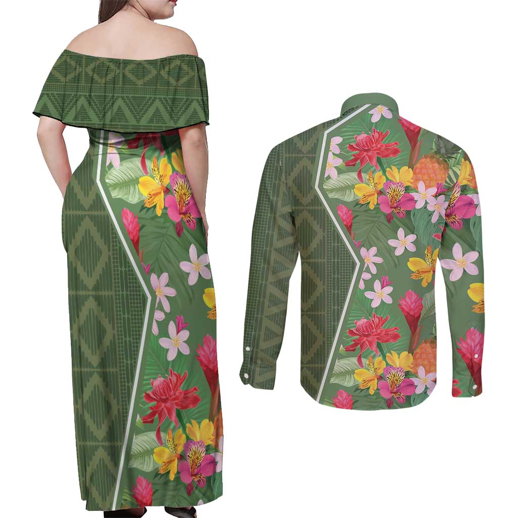 Africa Tropical Flowers Couples Matching Off Shoulder Maxi Dress and Long Sleeve Button Shirt Green Version - Wonder Print Shop