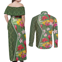 Africa Tropical Flowers Couples Matching Off Shoulder Maxi Dress and Long Sleeve Button Shirt Green Version - Wonder Print Shop