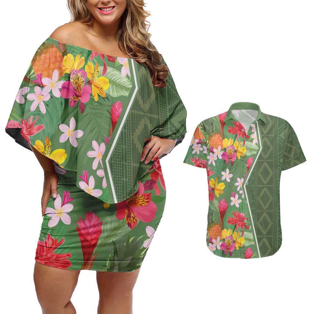 Africa Tropical Flowers Couples Matching Off Shoulder Short Dress and Hawaiian Shirt Green Version - Wonder Print Shop