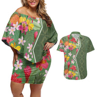 Africa Tropical Flowers Couples Matching Off Shoulder Short Dress and Hawaiian Shirt Green Version - Wonder Print Shop