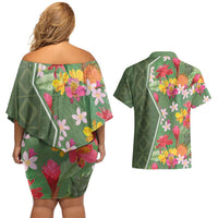 Africa Tropical Flowers Couples Matching Off Shoulder Short Dress and Hawaiian Shirt Green Version - Wonder Print Shop
