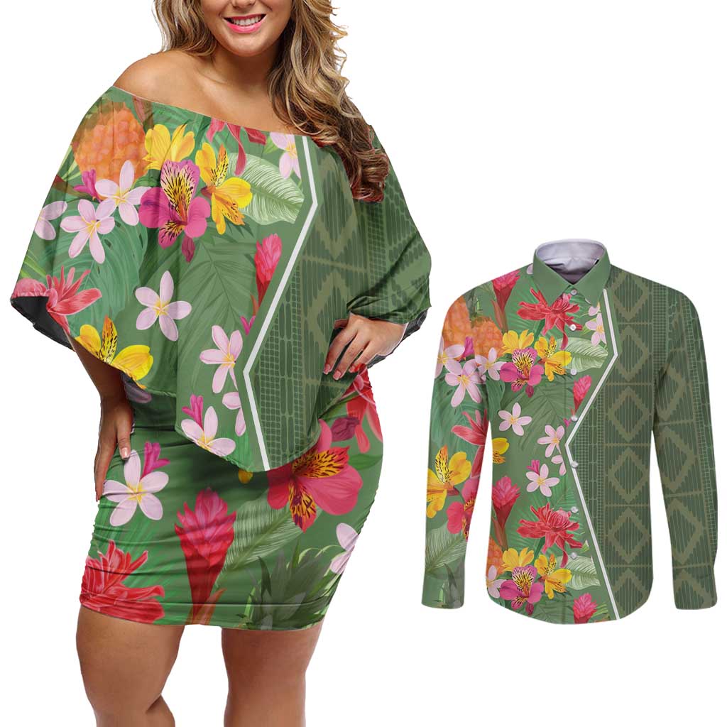Africa Tropical Flowers Couples Matching Off Shoulder Short Dress and Long Sleeve Button Shirt Green Version - Wonder Print Shop