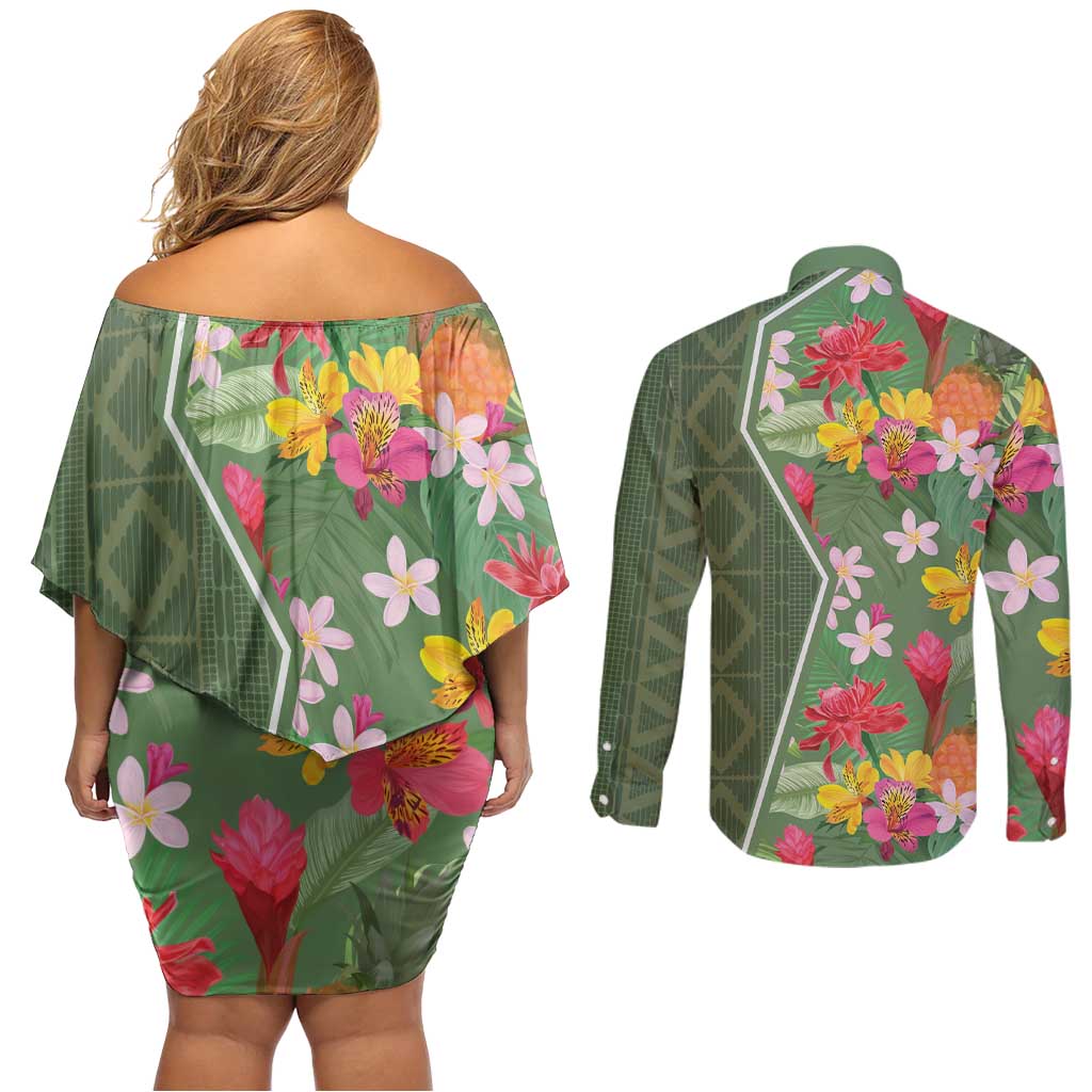 Africa Tropical Flowers Couples Matching Off Shoulder Short Dress and Long Sleeve Button Shirt Green Version - Wonder Print Shop