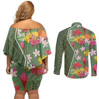 Africa Tropical Flowers Couples Matching Off Shoulder Short Dress and Long Sleeve Button Shirt Green Version - Wonder Print Shop