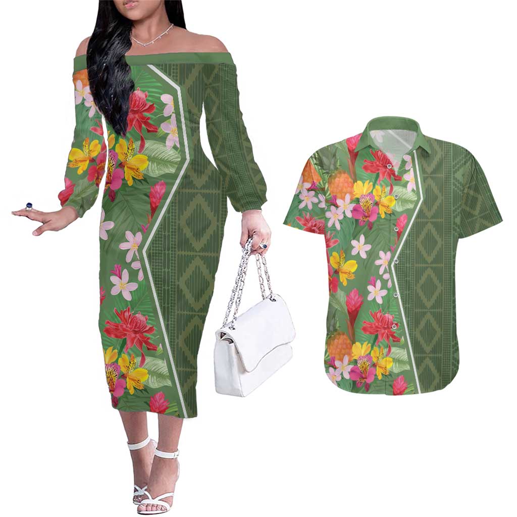 Africa Tropical Flowers Couples Matching Off The Shoulder Long Sleeve Dress and Hawaiian Shirt Green Version - Wonder Print Shop