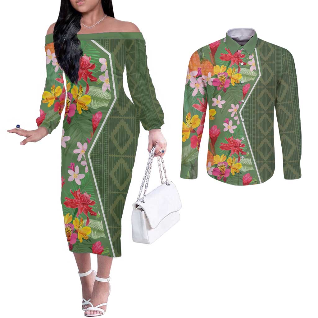 Africa Tropical Flowers Couples Matching Off The Shoulder Long Sleeve Dress and Long Sleeve Button Shirt Green Version