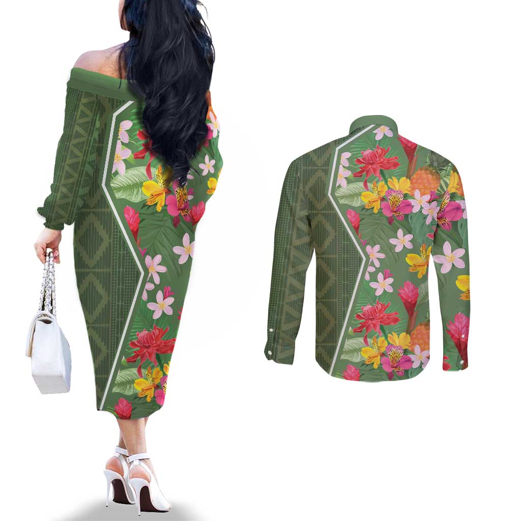 Africa Tropical Flowers Couples Matching Off The Shoulder Long Sleeve Dress and Long Sleeve Button Shirt Green Version