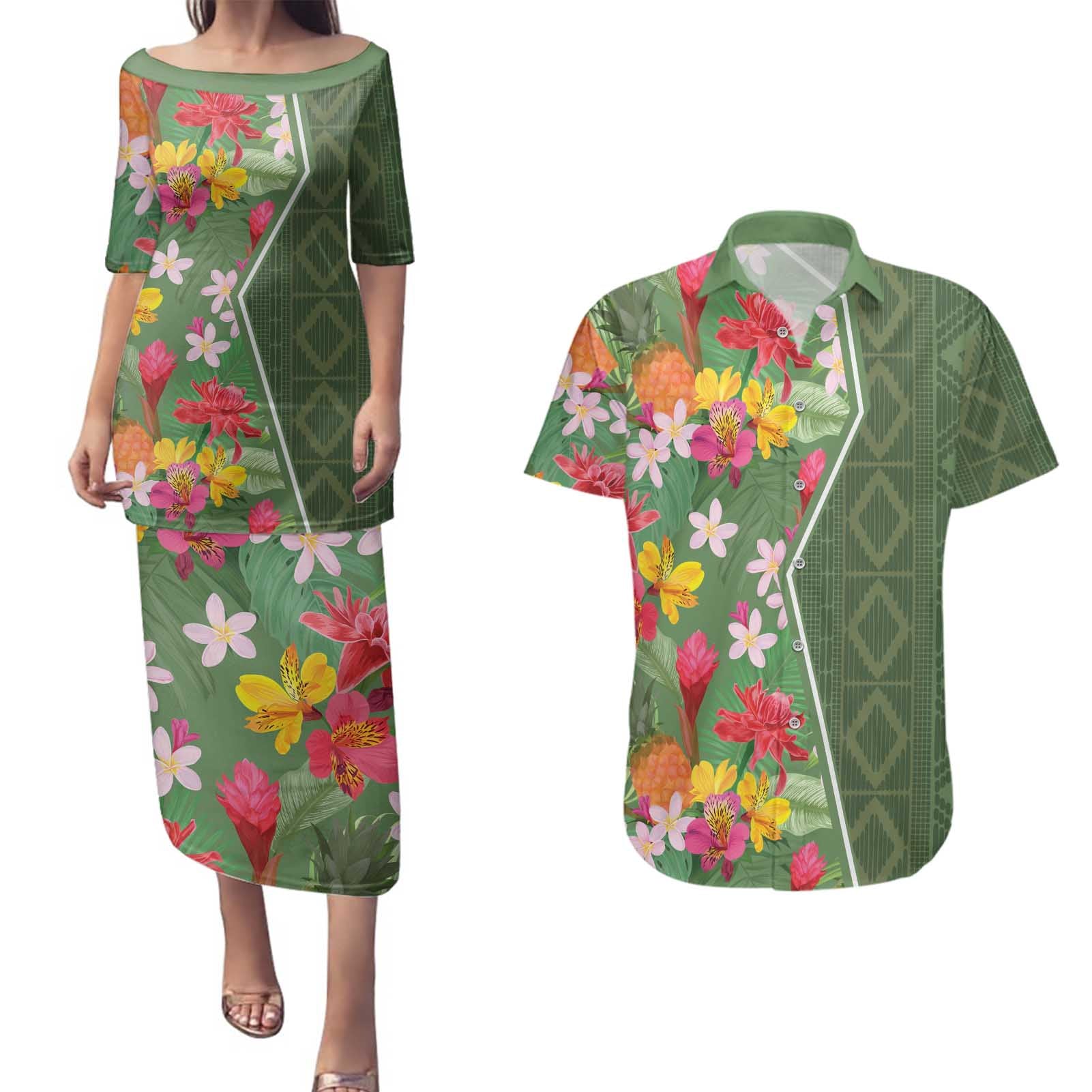 Africa Tropical Flowers Couples Matching Puletasi and Hawaiian Shirt Green Version - Wonder Print Shop