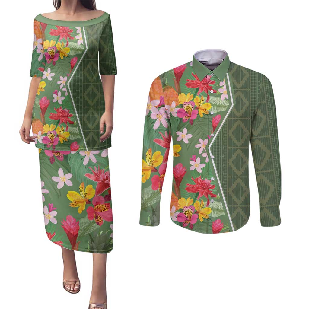 Africa Tropical Flowers Couples Matching Puletasi and Long Sleeve Button Shirt Green Version - Wonder Print Shop