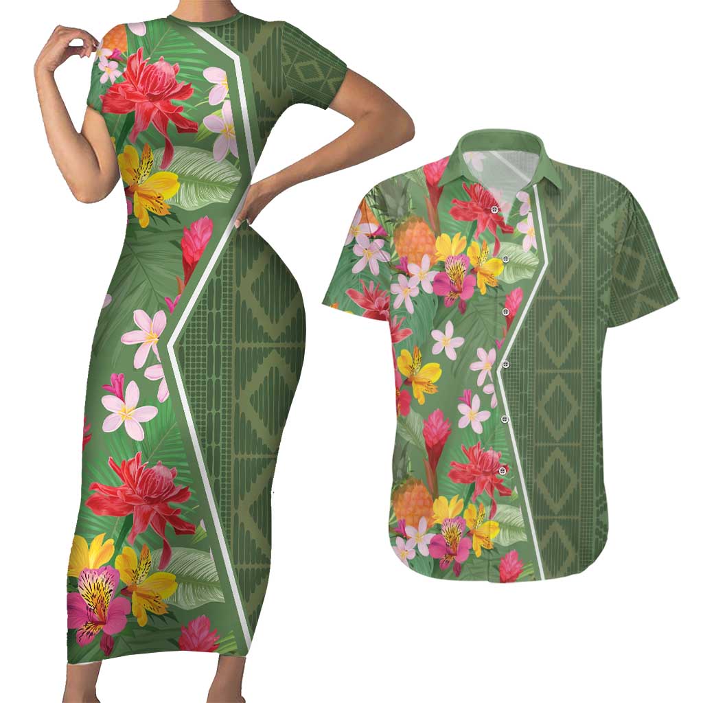 Africa Tropical Flowers Couples Matching Short Sleeve Bodycon Dress and Hawaiian Shirt Green Version - Wonder Print Shop