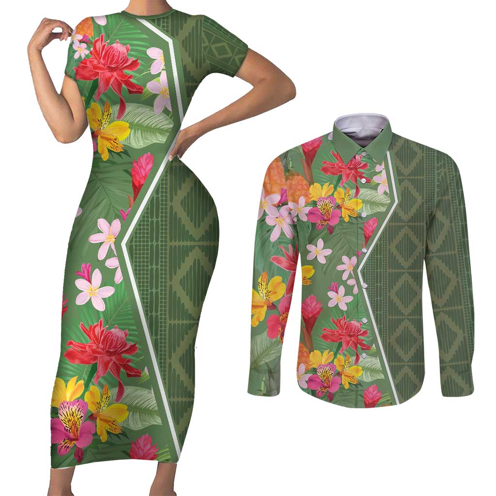 Africa Tropical Flowers Couples Matching Short Sleeve Bodycon Dress and Long Sleeve Button Shirt Green Version - Wonder Print Shop