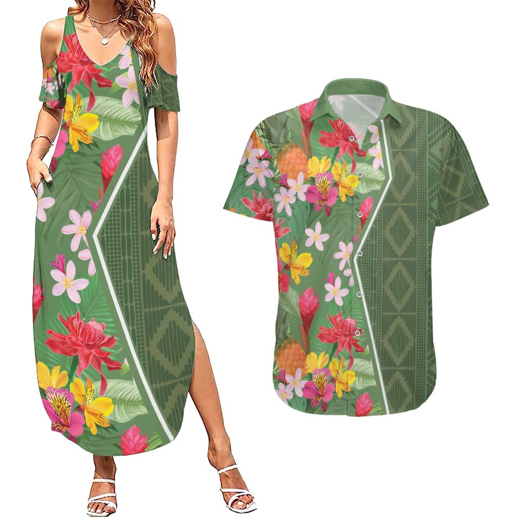 Africa Tropical Flowers Couples Matching Summer Maxi Dress and Hawaiian Shirt Green Version - Wonder Print Shop