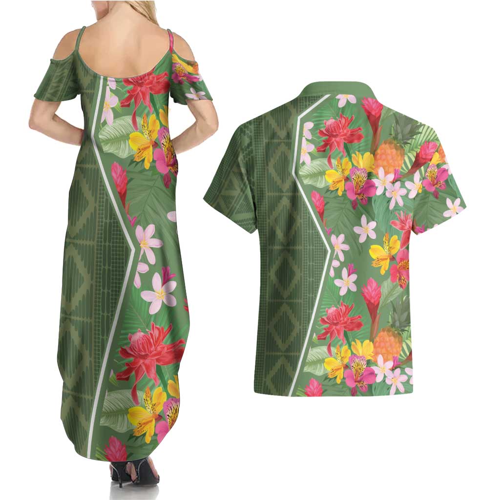 Africa Tropical Flowers Couples Matching Summer Maxi Dress and Hawaiian Shirt Green Version - Wonder Print Shop