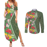Africa Tropical Flowers Couples Matching Summer Maxi Dress and Long Sleeve Button Shirt Green Version - Wonder Print Shop