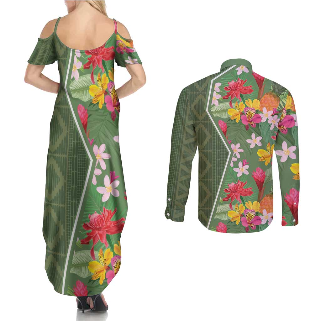 Africa Tropical Flowers Couples Matching Summer Maxi Dress and Long Sleeve Button Shirt Green Version - Wonder Print Shop