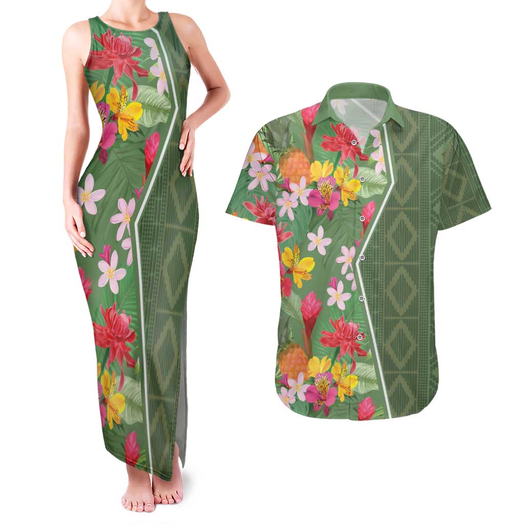 Africa Tropical Flowers Couples Matching Tank Maxi Dress and Hawaiian Shirt Green Version - Wonder Print Shop