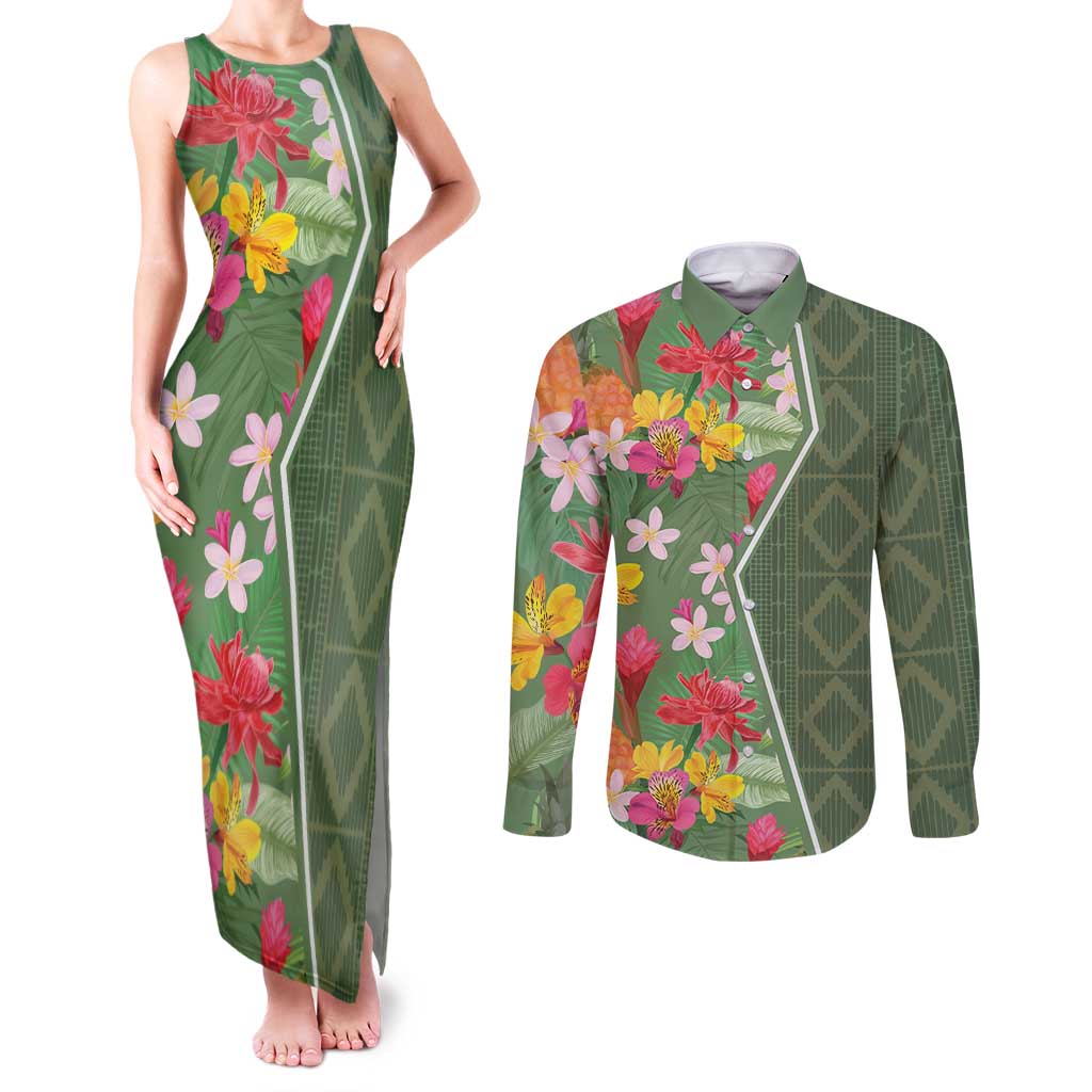Africa Tropical Flowers Couples Matching Tank Maxi Dress and Long Sleeve Button Shirt Green Version - Wonder Print Shop