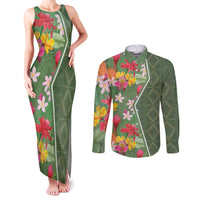 Africa Tropical Flowers Couples Matching Tank Maxi Dress and Long Sleeve Button Shirt Green Version - Wonder Print Shop