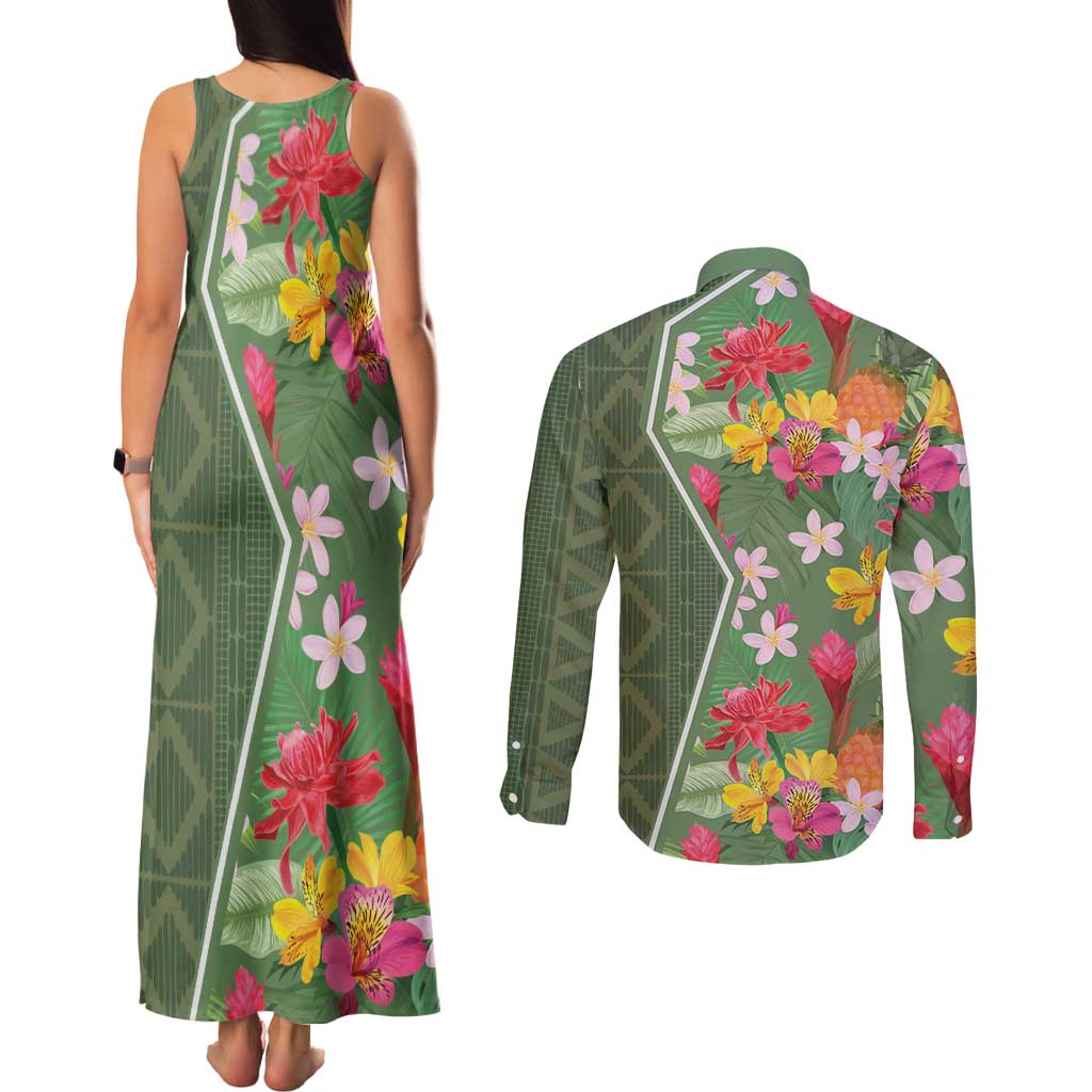 Africa Tropical Flowers Couples Matching Tank Maxi Dress and Long Sleeve Button Shirt Green Version - Wonder Print Shop