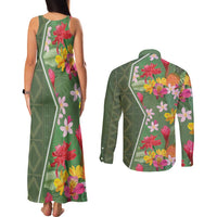 Africa Tropical Flowers Couples Matching Tank Maxi Dress and Long Sleeve Button Shirt Green Version - Wonder Print Shop