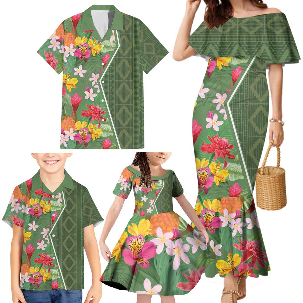 Africa Tropical Flowers Family Matching Mermaid Dress and Hawaiian Shirt Green Version - Wonder Print Shop