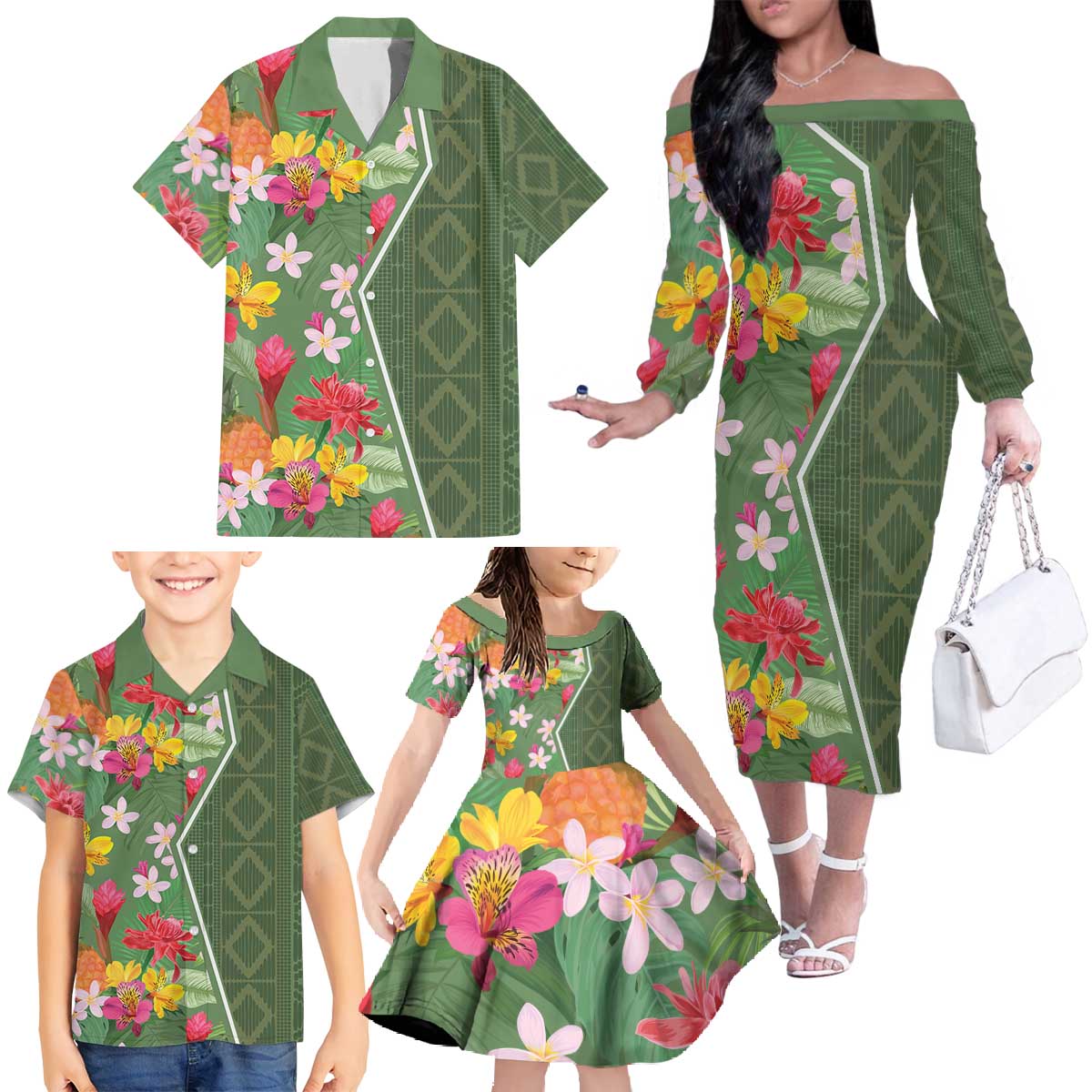 Africa Tropical Flowers Family Matching Off The Shoulder Long Sleeve Dress and Hawaiian Shirt Green Version - Wonder Print Shop