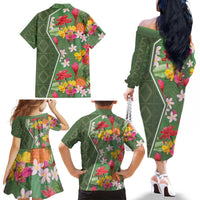 Africa Tropical Flowers Family Matching Off The Shoulder Long Sleeve Dress and Hawaiian Shirt Green Version - Wonder Print Shop