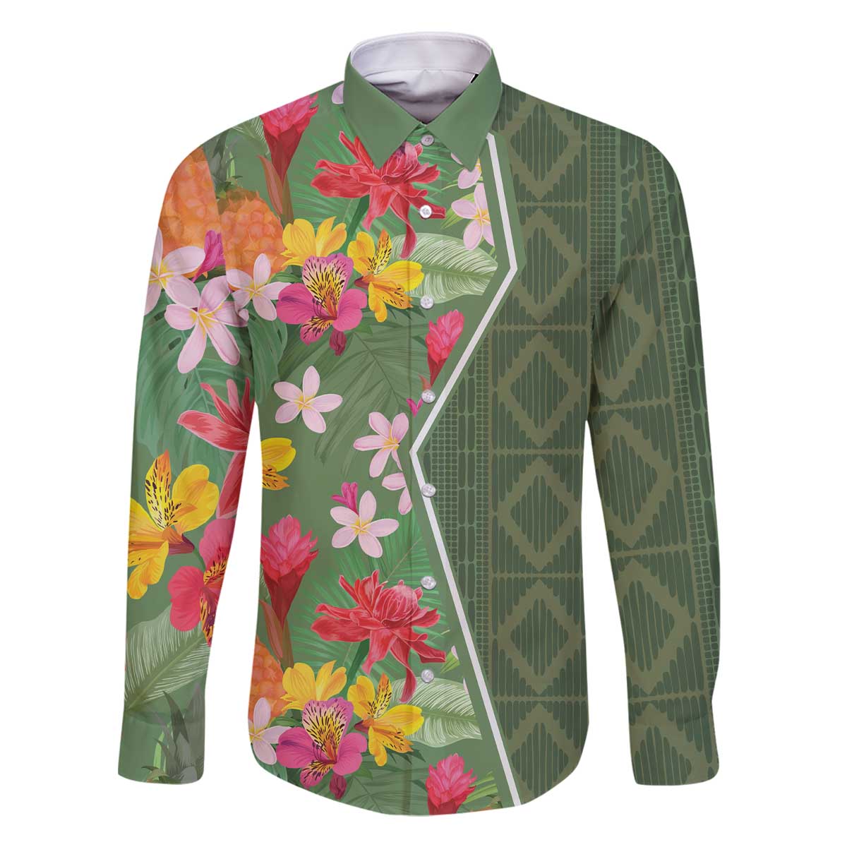 Africa Tropical Flowers Family Matching Off The Shoulder Long Sleeve Dress and Hawaiian Shirt Green Version - Wonder Print Shop