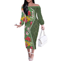 Africa Tropical Flowers Family Matching Off The Shoulder Long Sleeve Dress and Hawaiian Shirt Green Version - Wonder Print Shop