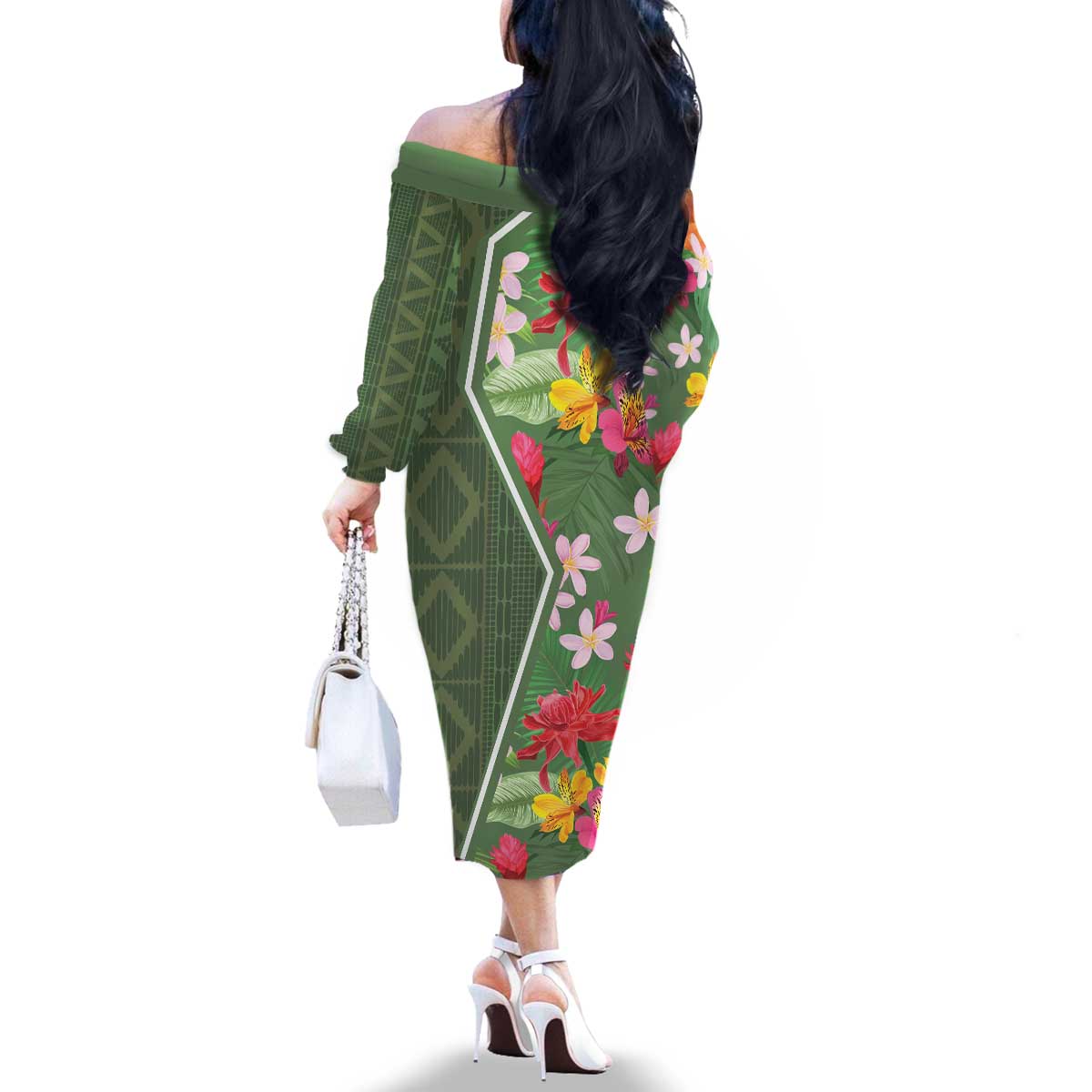 Africa Tropical Flowers Family Matching Off The Shoulder Long Sleeve Dress and Hawaiian Shirt Green Version - Wonder Print Shop