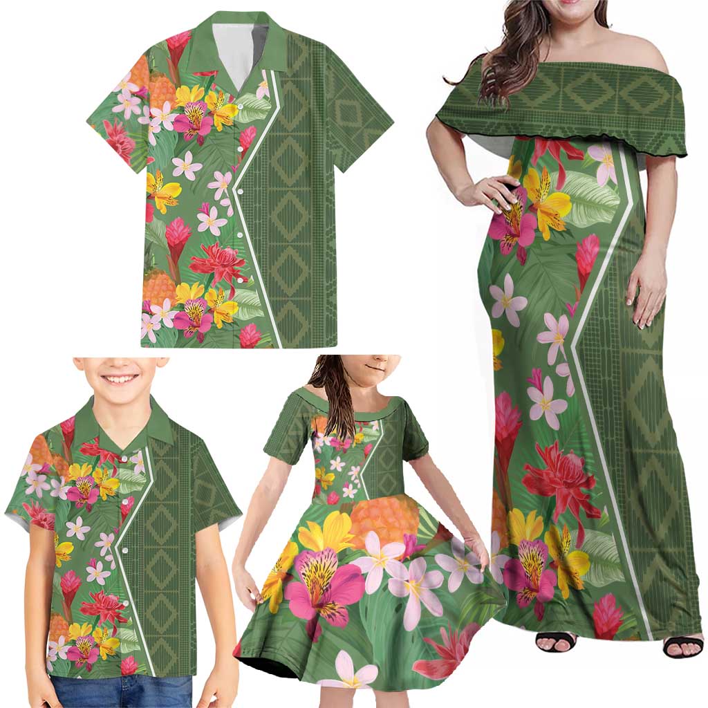 Africa Tropical Flowers Family Matching Off Shoulder Maxi Dress and Hawaiian Shirt Green Version - Wonder Print Shop