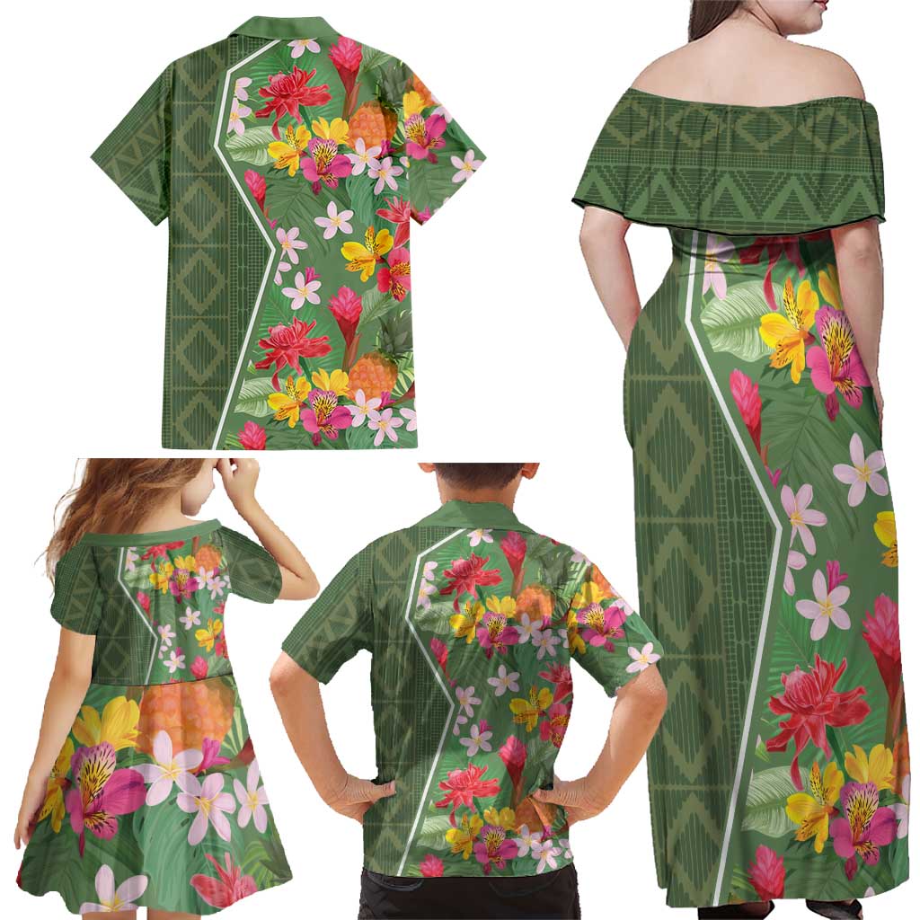 Africa Tropical Flowers Family Matching Off Shoulder Maxi Dress and Hawaiian Shirt Green Version - Wonder Print Shop