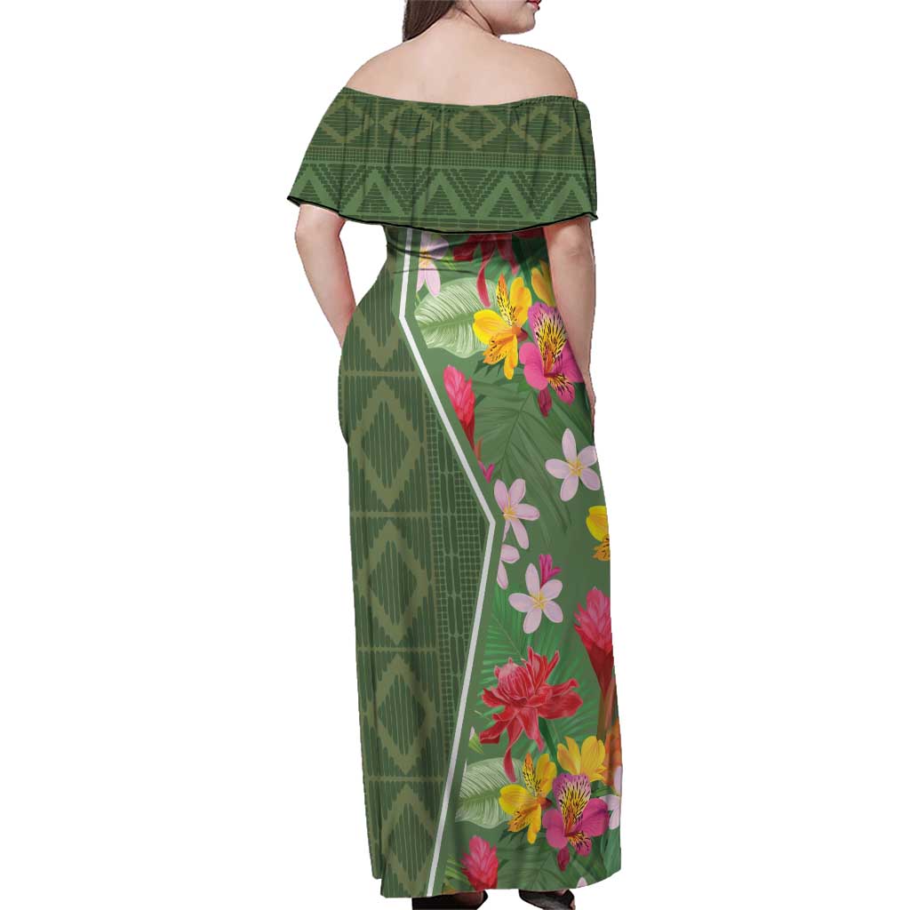 Africa Tropical Flowers Family Matching Off Shoulder Maxi Dress and Hawaiian Shirt Green Version - Wonder Print Shop