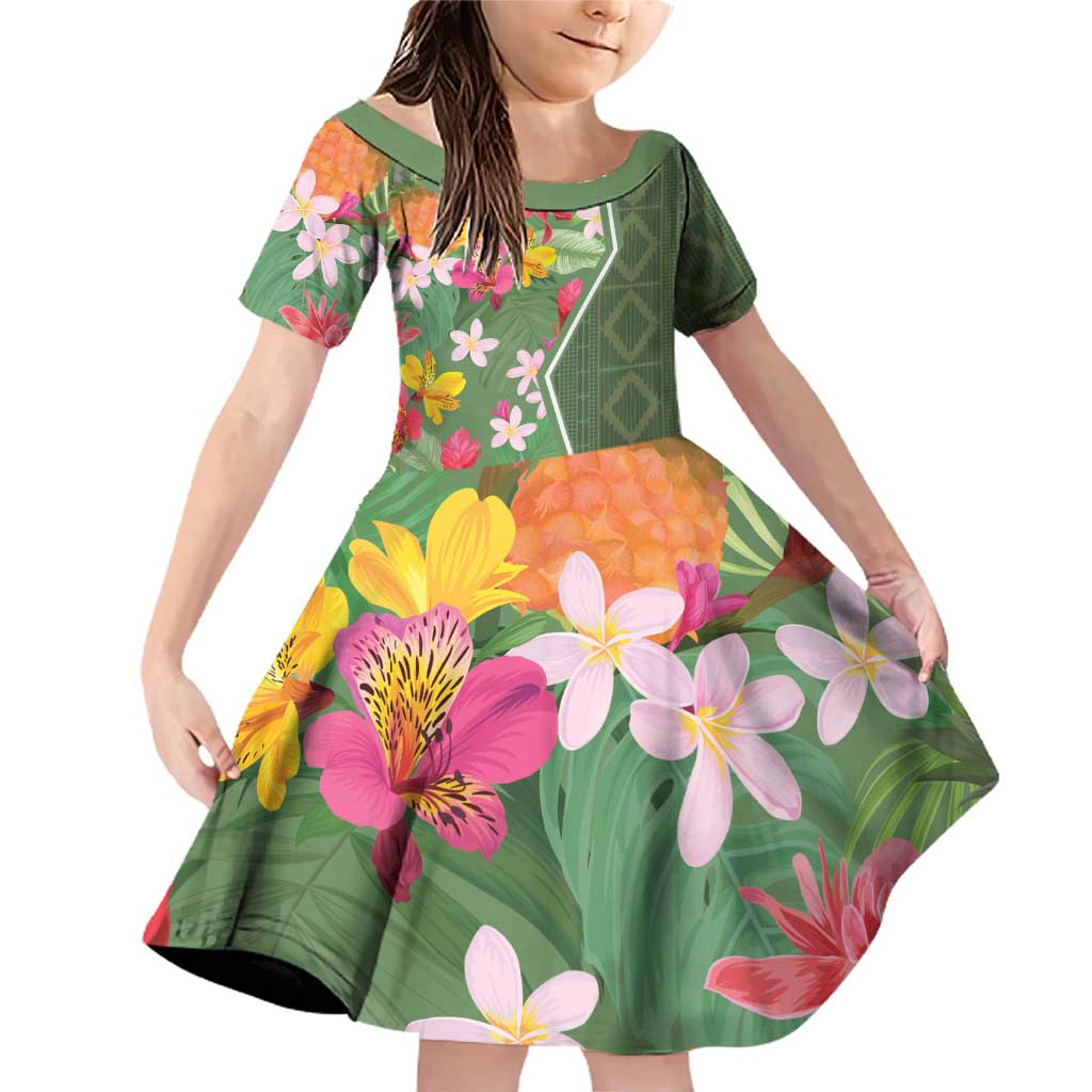 Africa Tropical Flowers Family Matching Off Shoulder Short Dress and Hawaiian Shirt Green Version - Wonder Print Shop