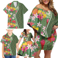 Africa Tropical Flowers Family Matching Off Shoulder Short Dress and Hawaiian Shirt Green Version - Wonder Print Shop