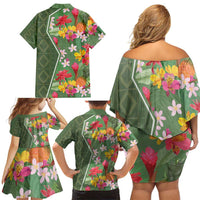 Africa Tropical Flowers Family Matching Off Shoulder Short Dress and Hawaiian Shirt Green Version - Wonder Print Shop